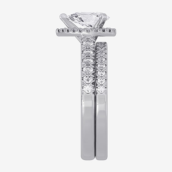 (H-I / Si1-Si2) Womens 1 5/8 CT. T.W. Lab Grown White Diamond 10K White Gold Pear Side Stone Halo Bridal Set