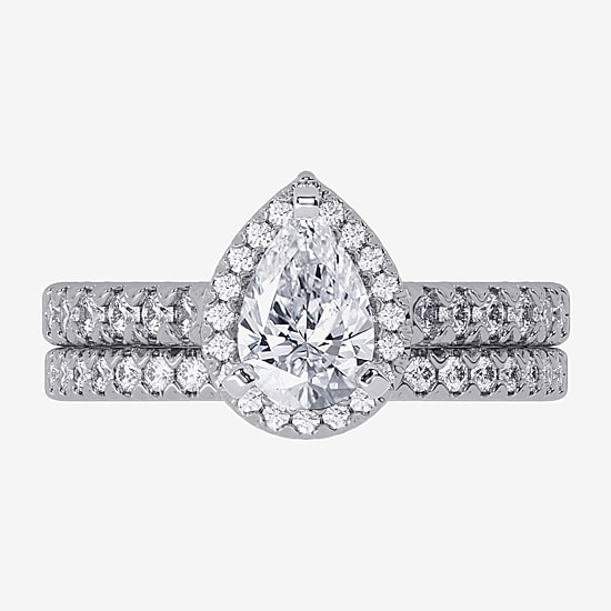 (H-I / Si1-Si2) Womens 1 5/8 CT. T.W. Lab Grown White Diamond 10K White Gold Pear Side Stone Halo Bridal Set