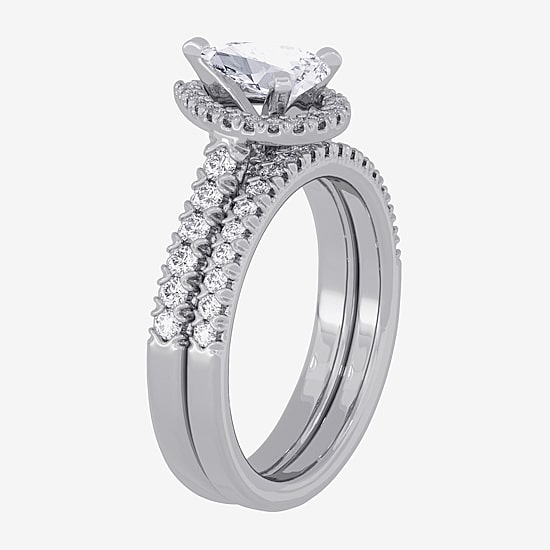 (H-I / Si1-Si2) Womens 1 5/8 CT. T.W. Lab Grown White Diamond 10K White Gold Pear Side Stone Halo Bridal Set
