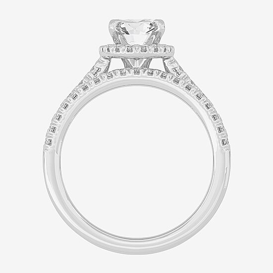 (H-I / Si1-Si2) Womens 1 5/8 CT. T.W. Lab Grown White Diamond 10K White Gold Oval Side Stone Halo Bridal Set