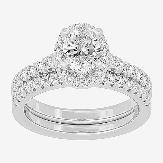 (H-I / Si1-Si2) Womens 1 5/8 CT. T.W. Lab Grown White Diamond 10K White Gold Oval Side Stone Halo Bridal Set