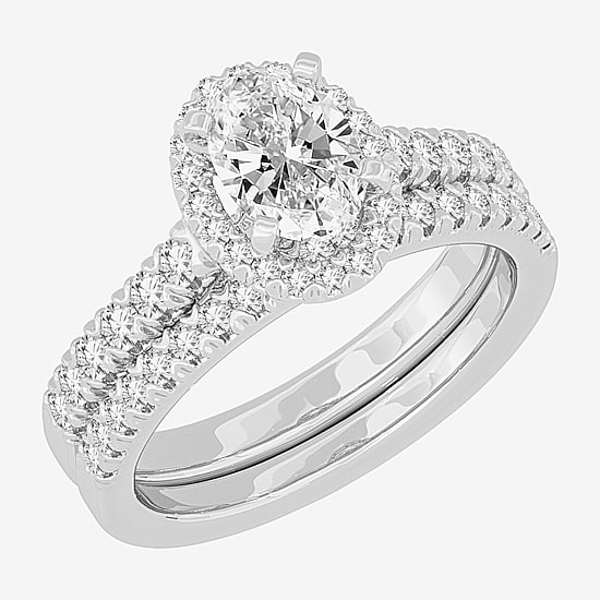 (H-I / Si1-Si2) Womens 1 5/8 CT. T.W. Lab Grown White Diamond 10K White Gold Oval Side Stone Halo Bridal Set