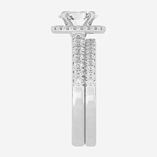(H-I / Si1-Si2) Womens 1 5/8 CT. T.W. Lab Grown White Diamond 10K White Gold Oval Side Stone Halo Bridal Set