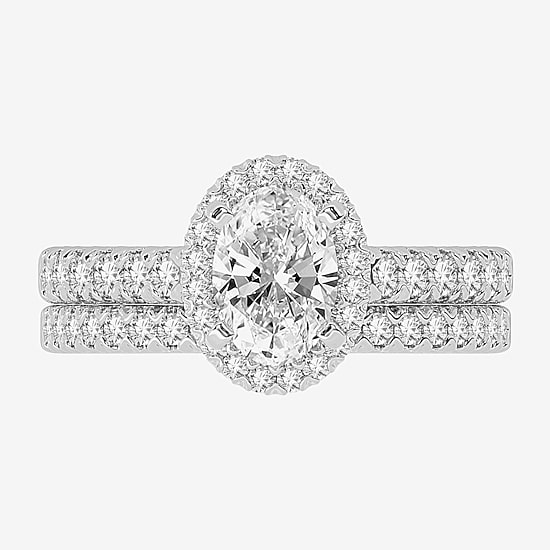 (H-I / Si1-Si2) Womens 1 5/8 CT. T.W. Lab Grown White Diamond 10K White Gold Oval Side Stone Halo Bridal Set