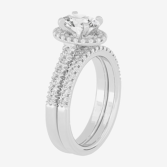 (H-I / Si1-Si2) Womens 1 5/8 CT. T.W. Lab Grown White Diamond 10K White Gold Oval Side Stone Halo Bridal Set