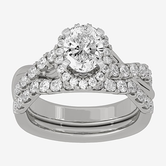 Signature By Modern Bride (H-I / Si1-Si2) Womens 2 CT. T.W. Lab Grown White Diamond 10K White Gold Oval Side Stone Halo Bridal Set