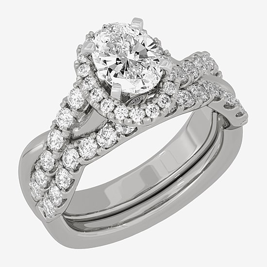 Signature By Modern Bride (H-I / Si1-Si2) Womens 2 CT. T.W. Lab Grown White Diamond 10K White Gold Oval Side Stone Halo Bridal Set