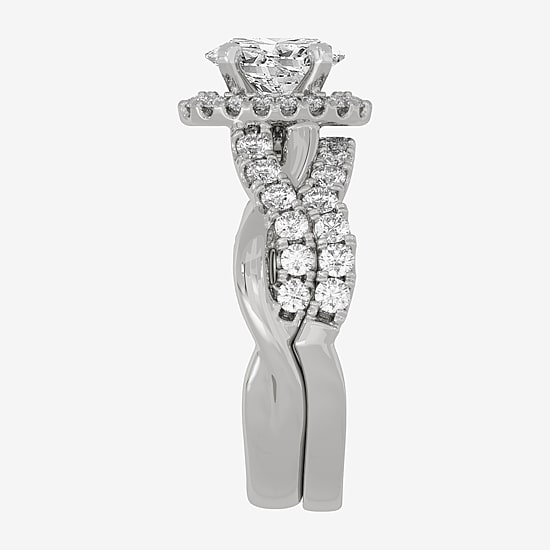 Signature By Modern Bride (H-I / Si1-Si2) Womens 2 CT. T.W. Lab Grown White Diamond 10K White Gold Oval Side Stone Halo Bridal Set