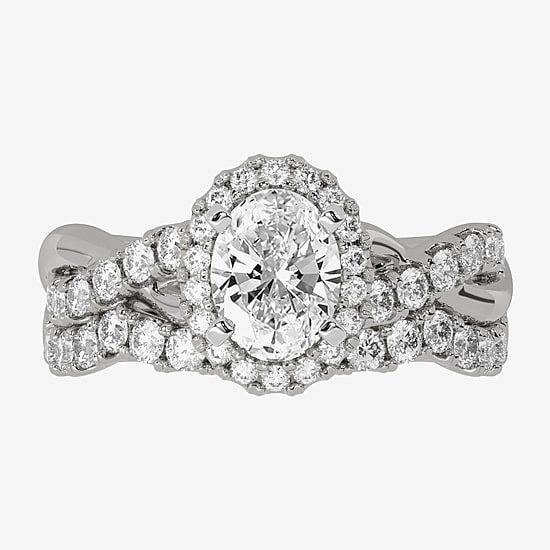 Signature By Modern Bride (H-I / Si1-Si2) Womens 2 CT. T.W. Lab Grown White Diamond 10K White Gold Oval Side Stone Halo Bridal Set