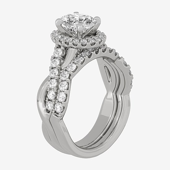 Signature By Modern Bride (H-I / Si1-Si2) Womens 2 CT. T.W. Lab Grown White Diamond 10K White Gold Oval Side Stone Halo Bridal Set