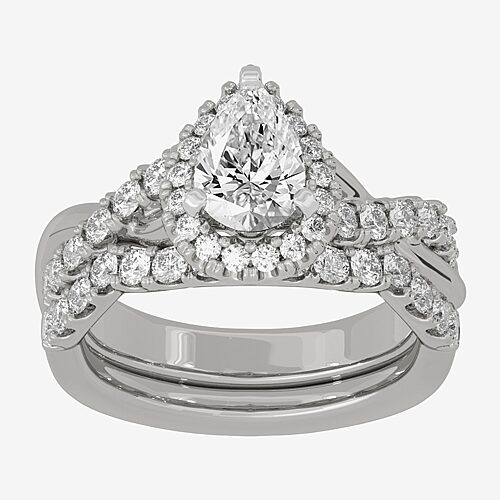 Signature By Modern Bride (H-I / Si1-Si2) Womens 2 CT. T.W. Lab Grown White Diamond 10K White Gold Pear Side Stone Halo Bridal Set, 9, White