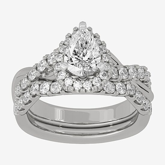 Signature By Modern Bride (H-I / Si1-Si2) Womens 2 CT. T.W. Lab Grown White Diamond 10K White Gold Pear Side Stone Halo Bridal Set