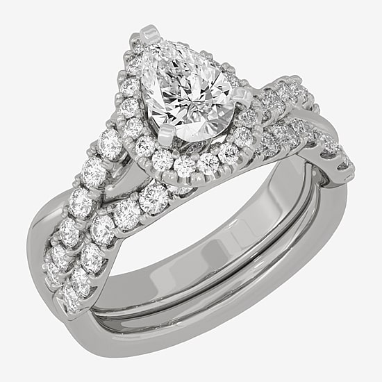Signature By Modern Bride (H-I / Si1-Si2) Womens 2 CT. T.W. Lab Grown White Diamond 10K White Gold Pear Side Stone Halo Bridal Set