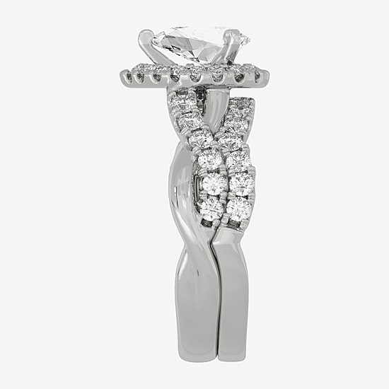 Signature By Modern Bride (H-I / Si1-Si2) Womens 2 CT. T.W. Lab Grown White Diamond 10K White Gold Pear Side Stone Halo Bridal Set