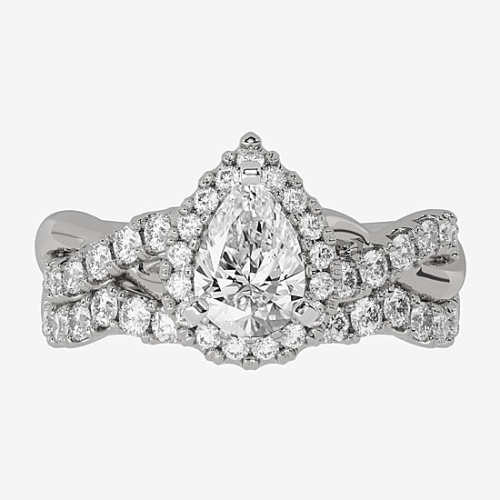 Signature By Modern Bride (H-I / Si1-Si2) Womens 2 CT. T.W. Lab Grown White Diamond 10K White Gold Pear Side Stone Halo Bridal Set