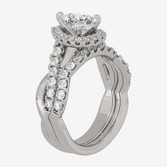 Signature By Modern Bride (H-I / Si1-Si2) Womens 2 CT. T.W. Lab Grown White Diamond 10K White Gold Pear Side Stone Halo Bridal Set