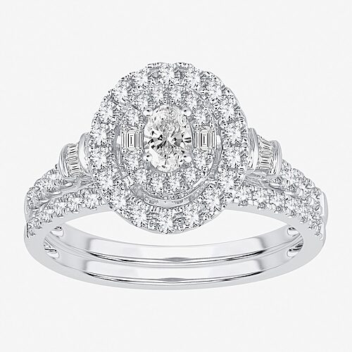 Womens 1 CT. T.W. Natural White Diamond 10K Gold Oval Side Stone Halo Bridal Set, 9, White