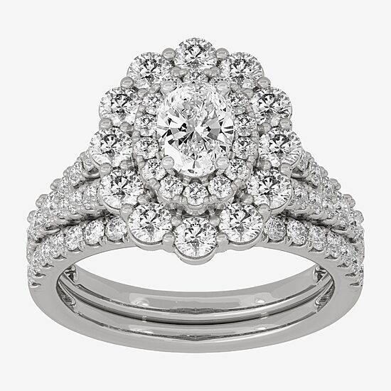 (H-I / Si1-Si2) Womens 2 CT. T.W. Lab Grown White Diamond 10K Gold Oval Side Stone Halo Bridal Set