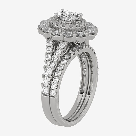 (H-I / Si1-Si2) Womens 2 CT. T.W. Lab Grown White Diamond 10K Gold Oval Side Stone Halo Bridal Set