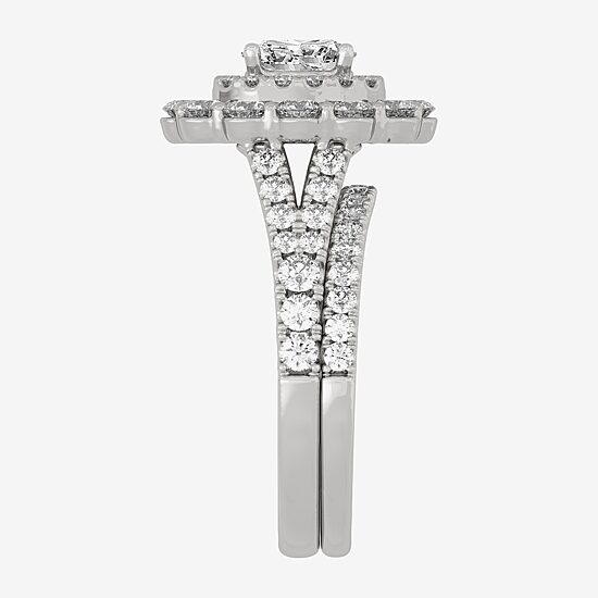 (H-I / Si1-Si2) Womens 2 CT. T.W. Lab Grown White Diamond 10K Gold Oval Side Stone Halo Bridal Set