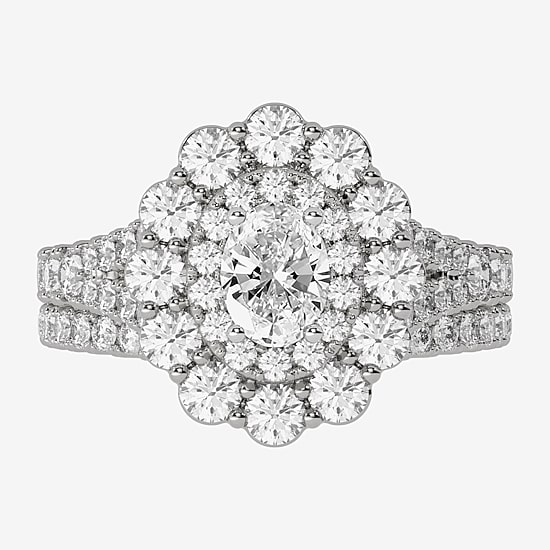 (H-I / Si1-Si2) Womens 2 CT. T.W. Lab Grown White Diamond 10K Gold Oval Side Stone Halo Bridal Set