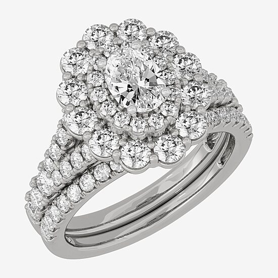 (H-I / Si1-Si2) Womens 2 CT. T.W. Lab Grown White Diamond 10K Gold Oval Side Stone Halo Bridal Set