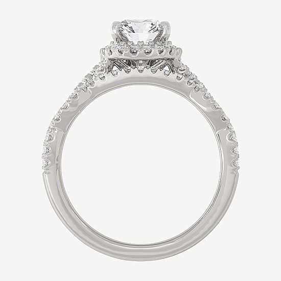 Signature By Modern Bride (H-I / Si1-Si2) Womens 1 1/2 CT. T.W. Lab Grown White Diamond 10K White Gold Oval Side Stone Halo Bridal Set