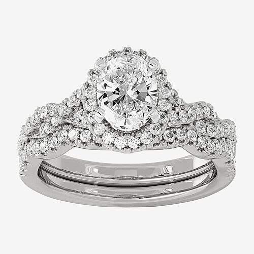Signature By Modern Bride (H-I / Si1-Si2) Womens 1 1/2 CT. T.W. Lab Grown White Diamond 10K White Gold Oval Side Stone Halo Bridal Set, 9, White