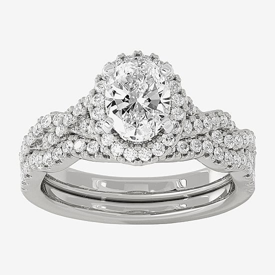 Signature By Modern Bride (H-I / Si1-Si2) Womens 1 1/2 CT. T.W. Lab Grown White Diamond 10K White Gold Oval Side Stone Halo Bridal Set