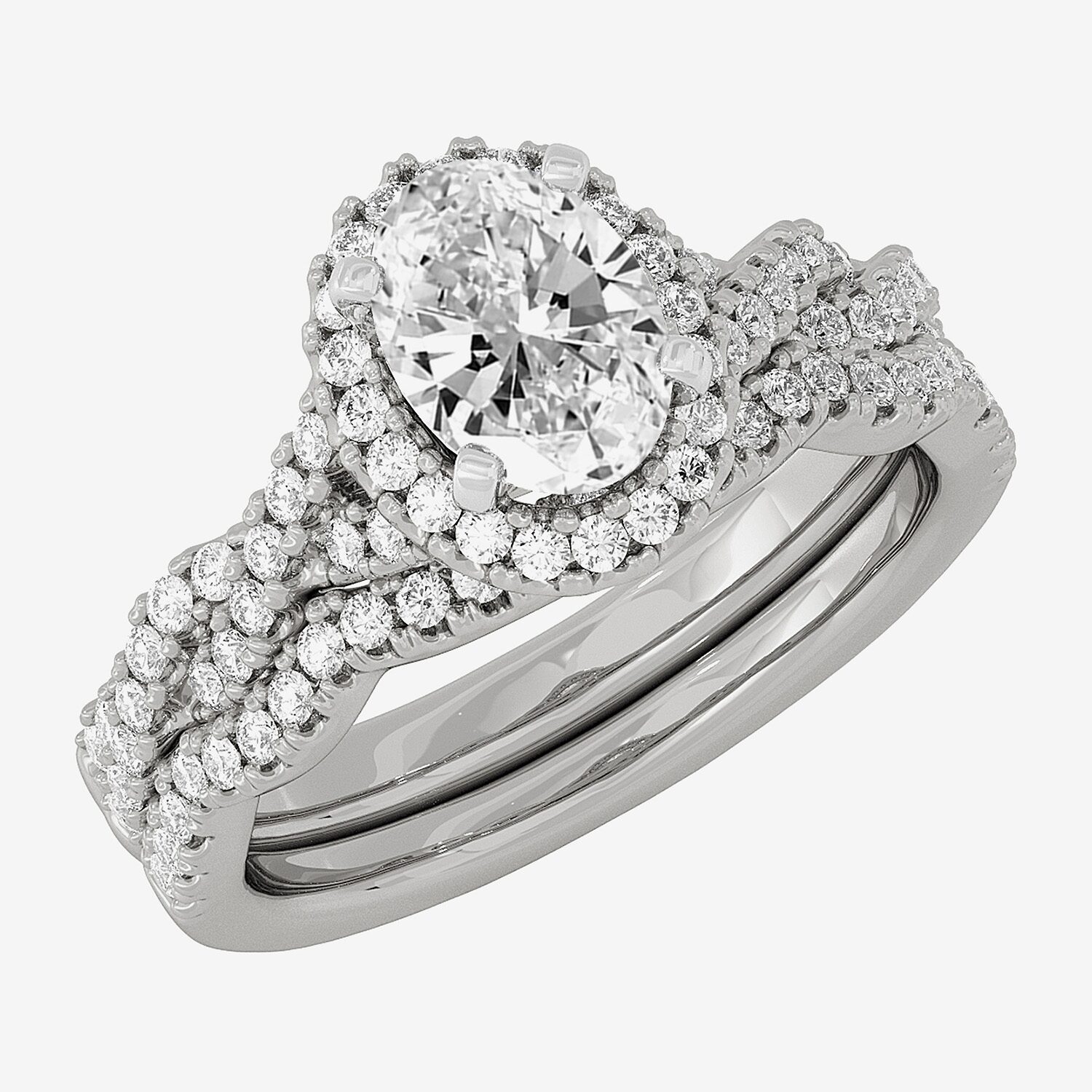 Signature By Modern Bride (H-I / Si1-Si2) Womens 1 1/2 CT. T.W. Lab Grown White Diamond 10K Gold Oval Side Stone Halo Bridal Set