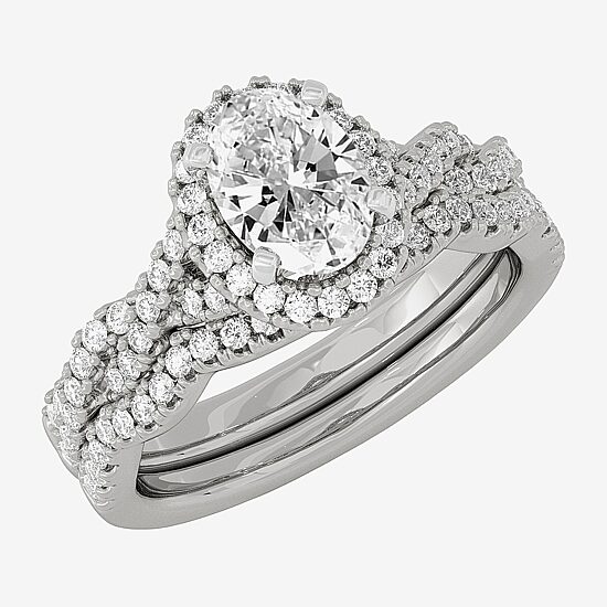 Signature By Modern Bride (H-I / Si1-Si2) Womens 1 1/2 CT. T.W. Lab Grown White Diamond 10K White Gold Oval Side Stone Halo Bridal Set