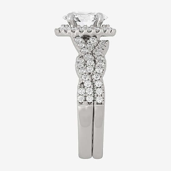 Signature By Modern Bride (H-I / Si1-Si2) Womens 1 1/2 CT. T.W. Lab Grown White Diamond 10K White Gold Oval Side Stone Halo Bridal Set