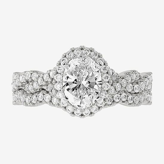 Signature By Modern Bride (H-I / Si1-Si2) Womens 1 1/2 CT. T.W. Lab Grown White Diamond 10K White Gold Oval Side Stone Halo Bridal Set
