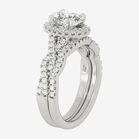 Signature By Modern Bride (H-I / Si1-Si2) Womens 1 1/2 CT. T.W. Lab Grown White Diamond 10K White Gold Oval Side Stone Halo Bridal Set