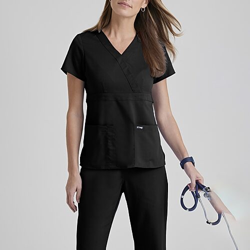 Grey's Anatomy by Barco Classic 4153 Riley 3-Pocket Mock Wrap Womens Plus Tall V Neck Short Sleeve Scrub Top, Xx-large, Black
