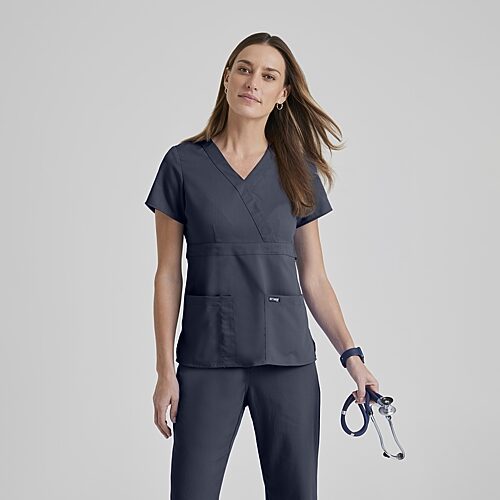Grey's Anatomy by Barco Classic 4153 Riley 3-Pocket Mock Wrap Womens Plus V Neck Short Sleeve Scrub Top, 4x-large, Gray