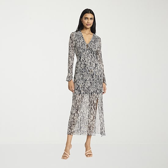 Donna Morgan Womens Midi V Neck Long Sleeve Abstract Sheath Dress
