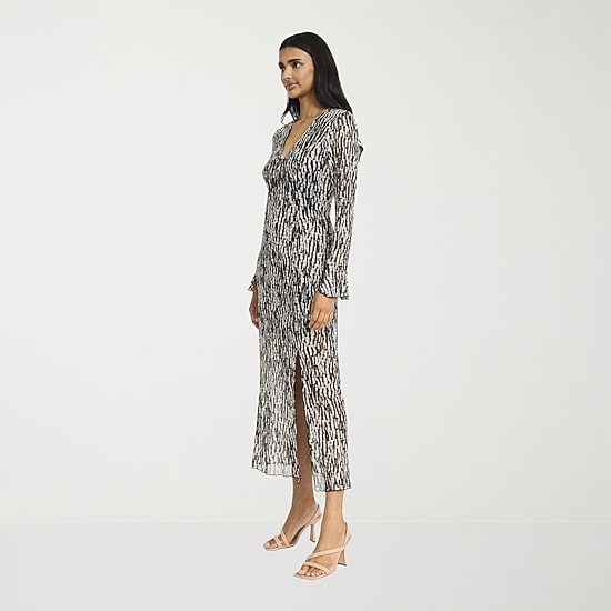 Donna Morgan Womens Midi V Neck Long Sleeve Abstract Sheath Dress