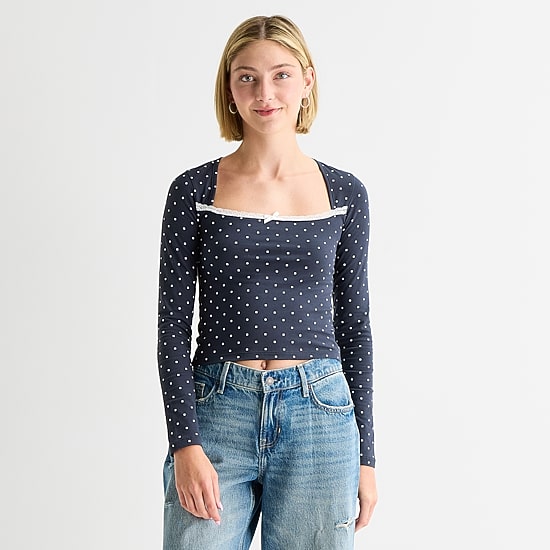 Arizona Womens Juniors Square Neck Long Sleeve Layered Top