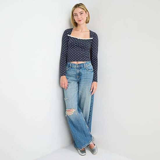 Arizona Womens Juniors Square Neck Long Sleeve Layered Top