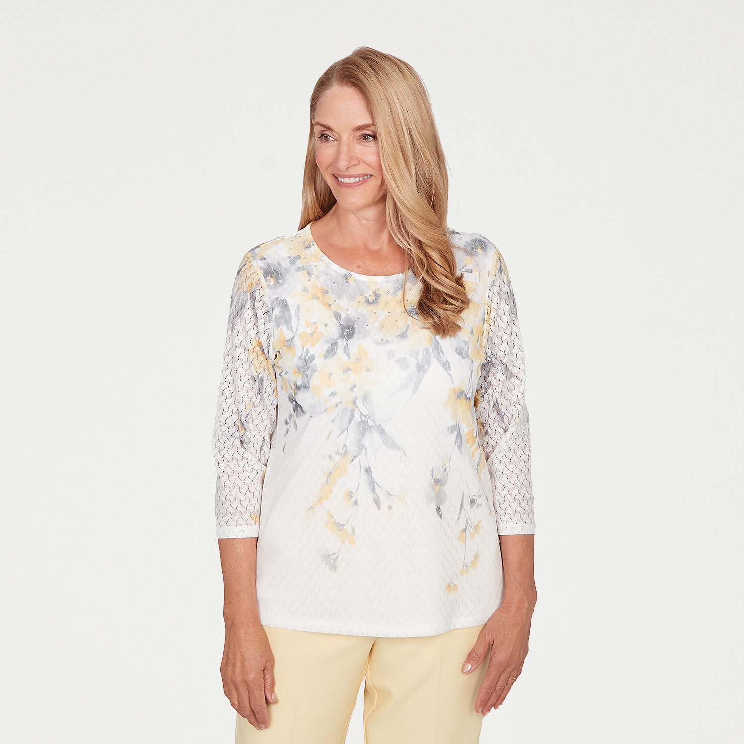 Alfred Dunner Al Fresco Womens Crew Neck 3/4 Sleeve Layered Top