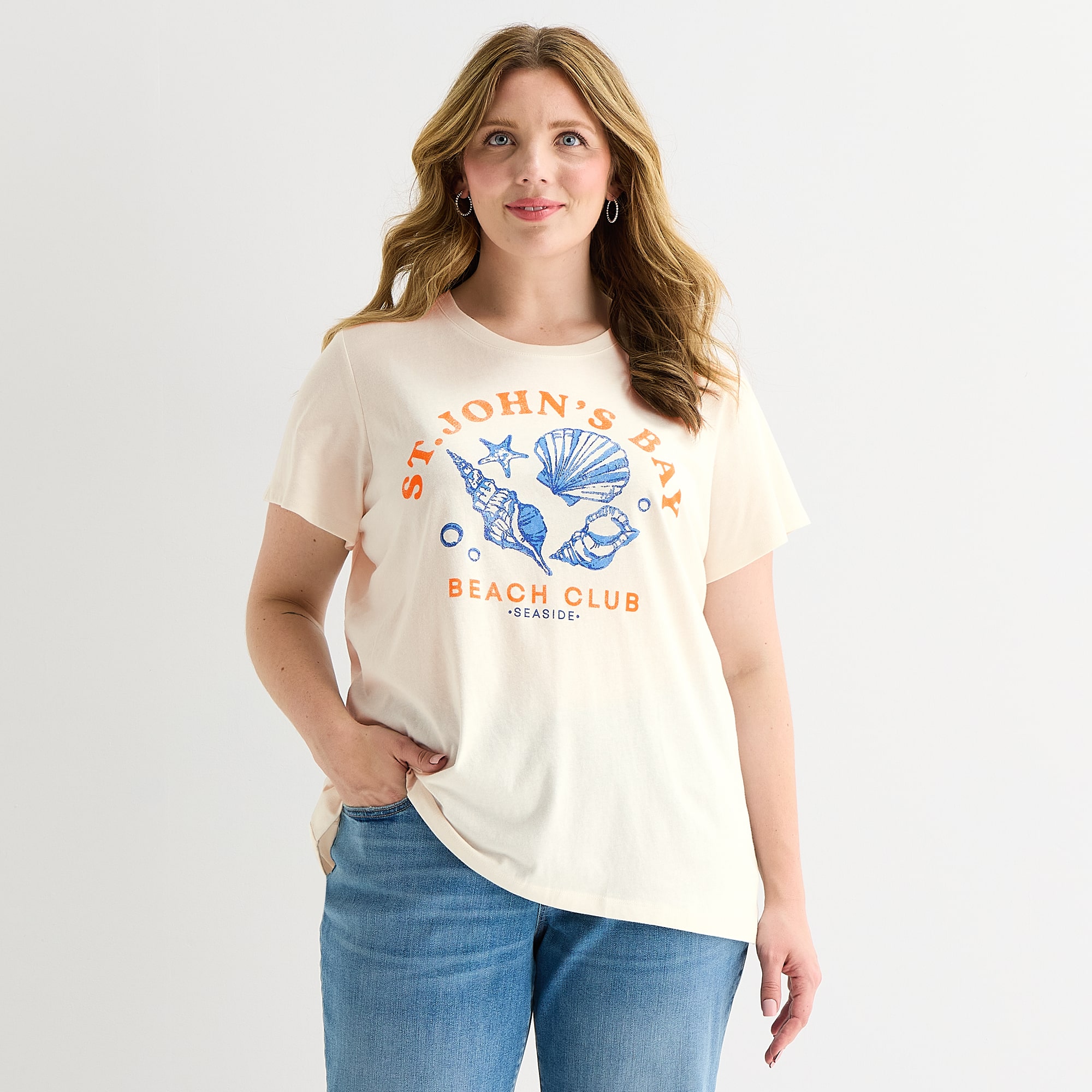 St. John's Bay Womens Plus Crew Neck Short Sleeve Regular Fit Graphic T-Shirt