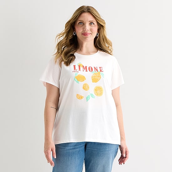 St. John's Bay Womens Plus Crew Neck Short Sleeve Regular Fit Graphic T-Shirt