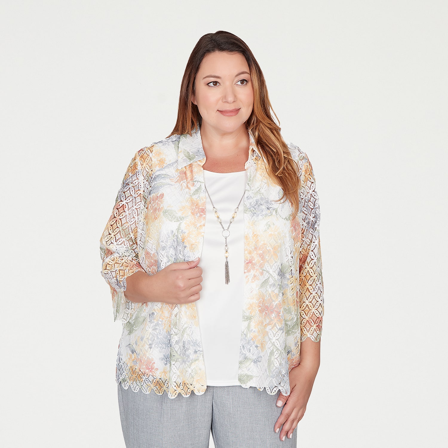 Alfred Dunner Al Fresco Womens Plus 3/4 Sleeve Layered Top