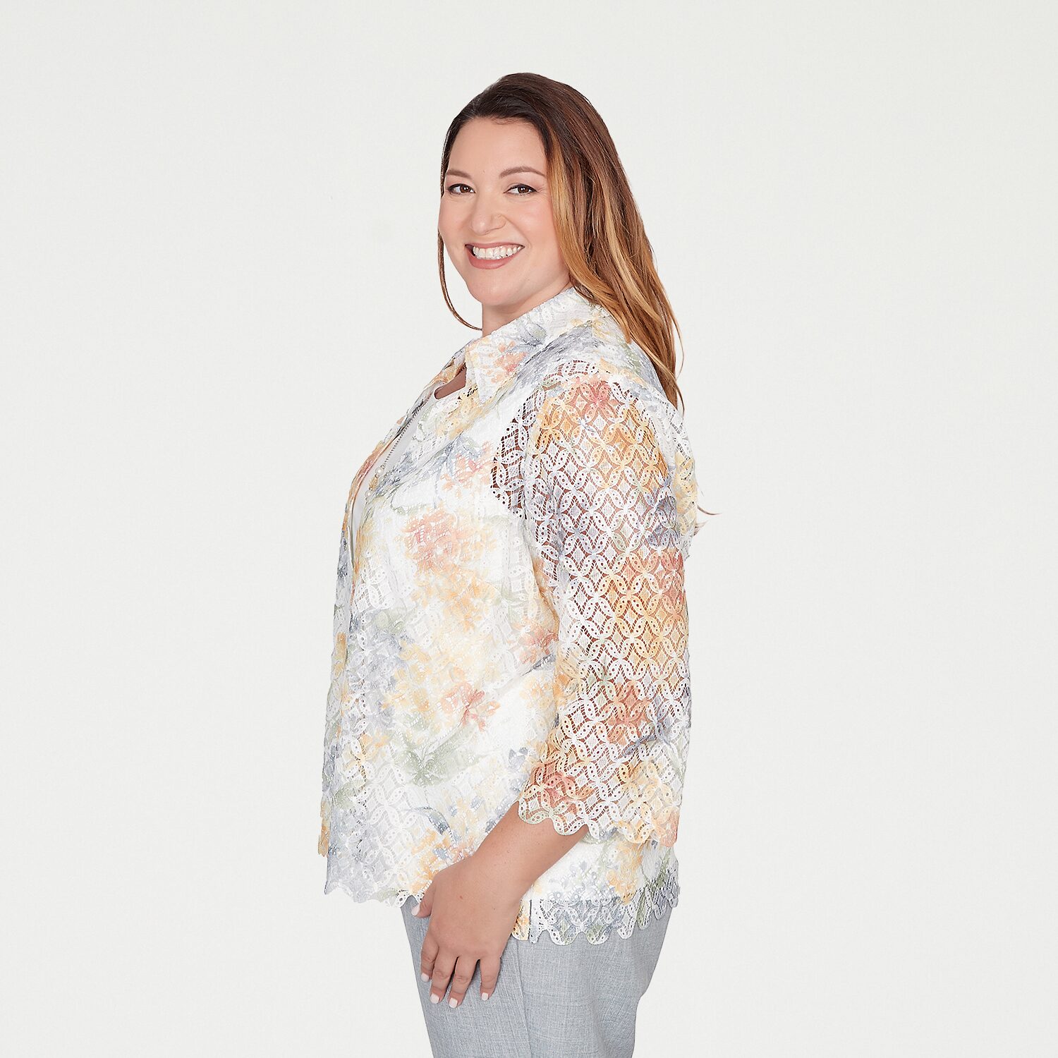 Alfred Dunner Al Fresco Womens Plus 3/4 Sleeve Layered Top