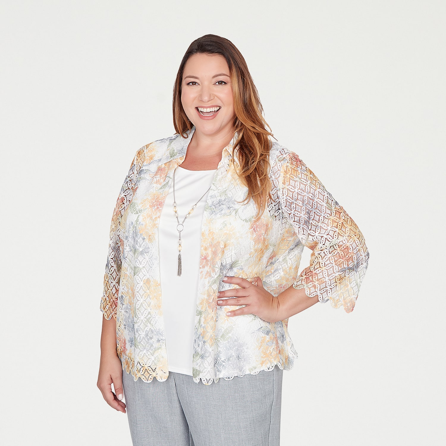 Alfred Dunner Al Fresco Womens Plus 3/4 Sleeve Layered Top