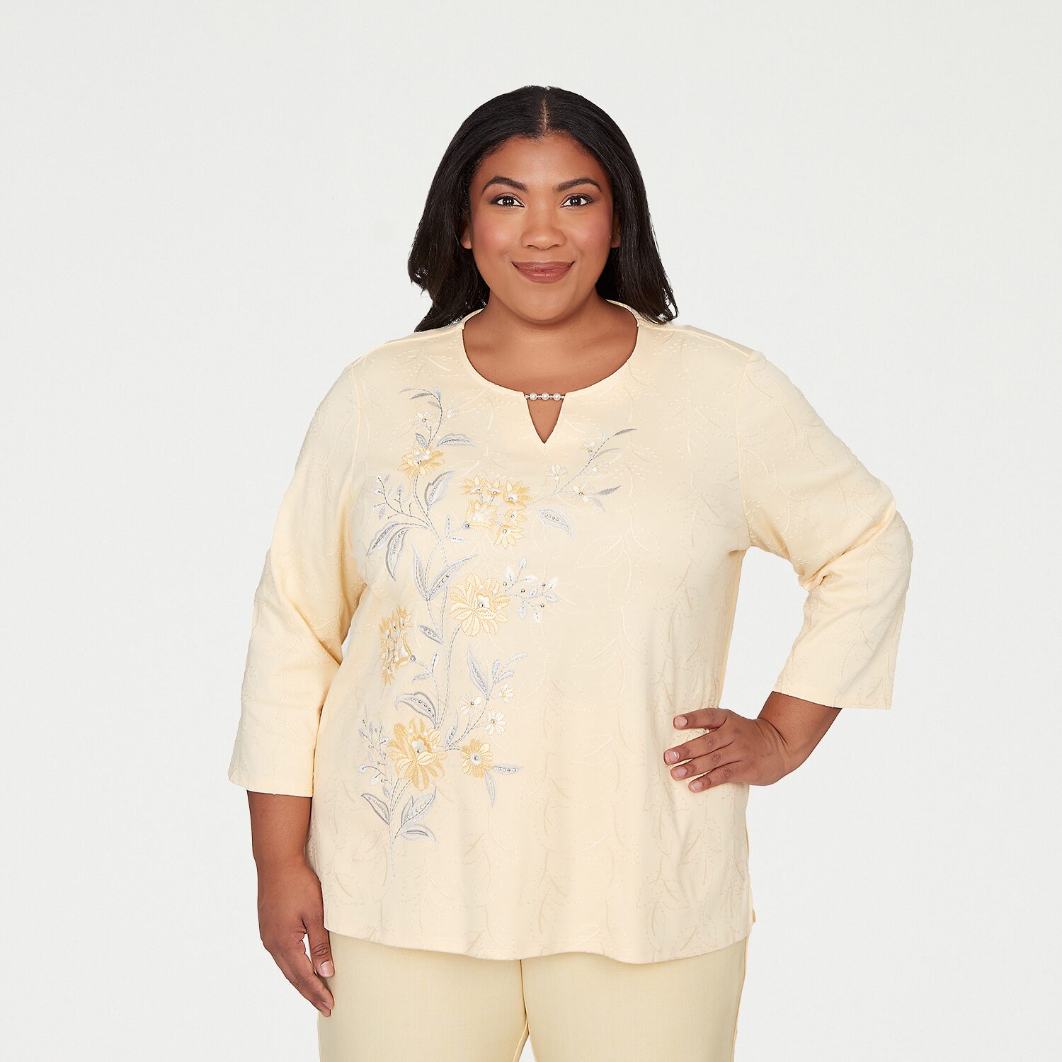 Alfred Dunner Al Fresco Womens Plus Split Crew Neck 3/4 Sleeve Layered Top