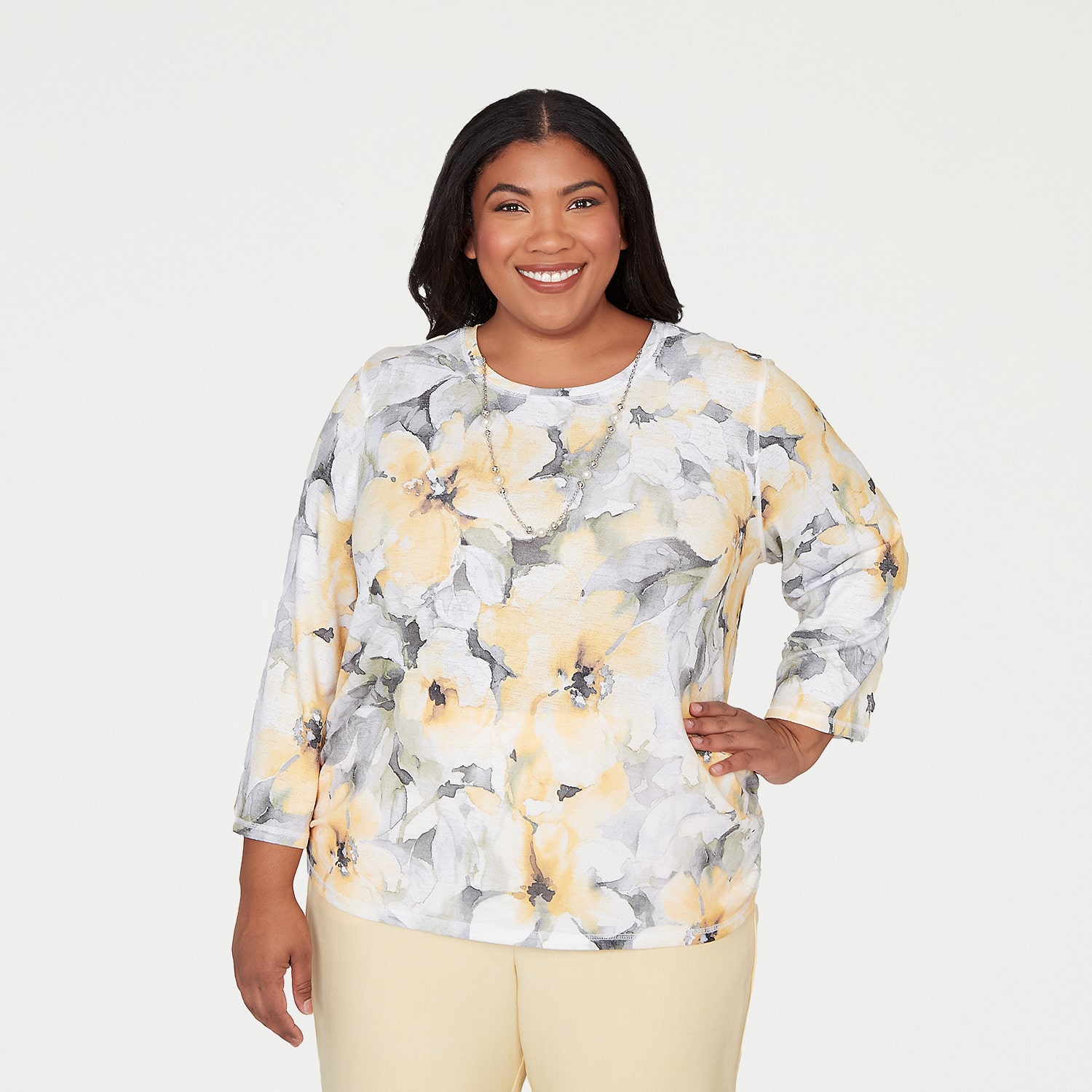 Alfred Dunner Al Fresco Womens Plus Crew Neck 3/4 Sleeve Layered Top
