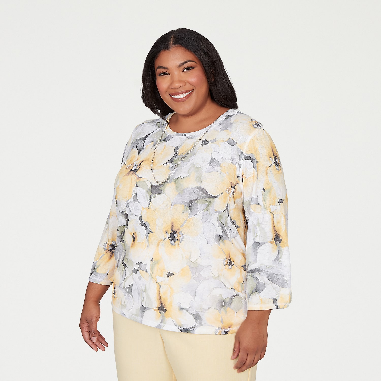Alfred Dunner Al Fresco Womens Plus Crew Neck 3/4 Sleeve Layered Top