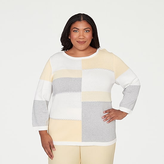 Alfred Dunner Plus Al Fresco Womens Crew Neck 3/4 Sleeve Pullover Sweater